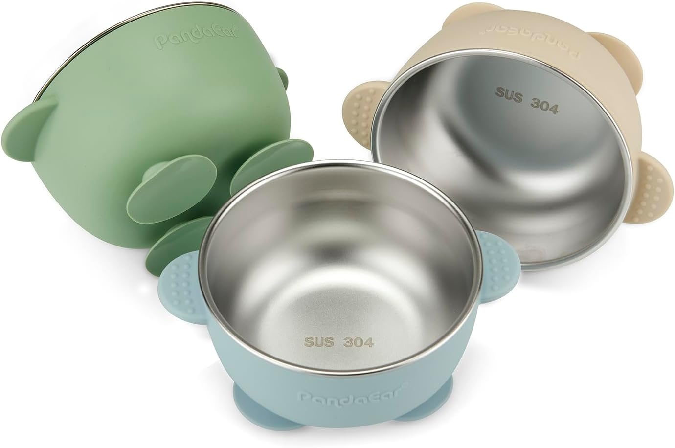image:imagePandaEar 3 Pack Stainless Steel Baby Suction Bowls NonSlip Child Food Bowl with Silicone Sleeve for Kids Toddlers Infants Unbreakable amp Mess Free PinkBlue Green Beige