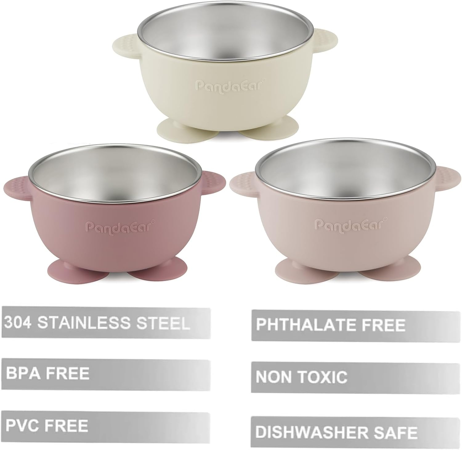 image:imagePandaEar 3 Pack Stainless Steel Baby Suction Bowls NonSlip Child Food Bowl with Silicone Sleeve for Kids Toddlers Infants Unbreakable amp Mess Free PinkPink