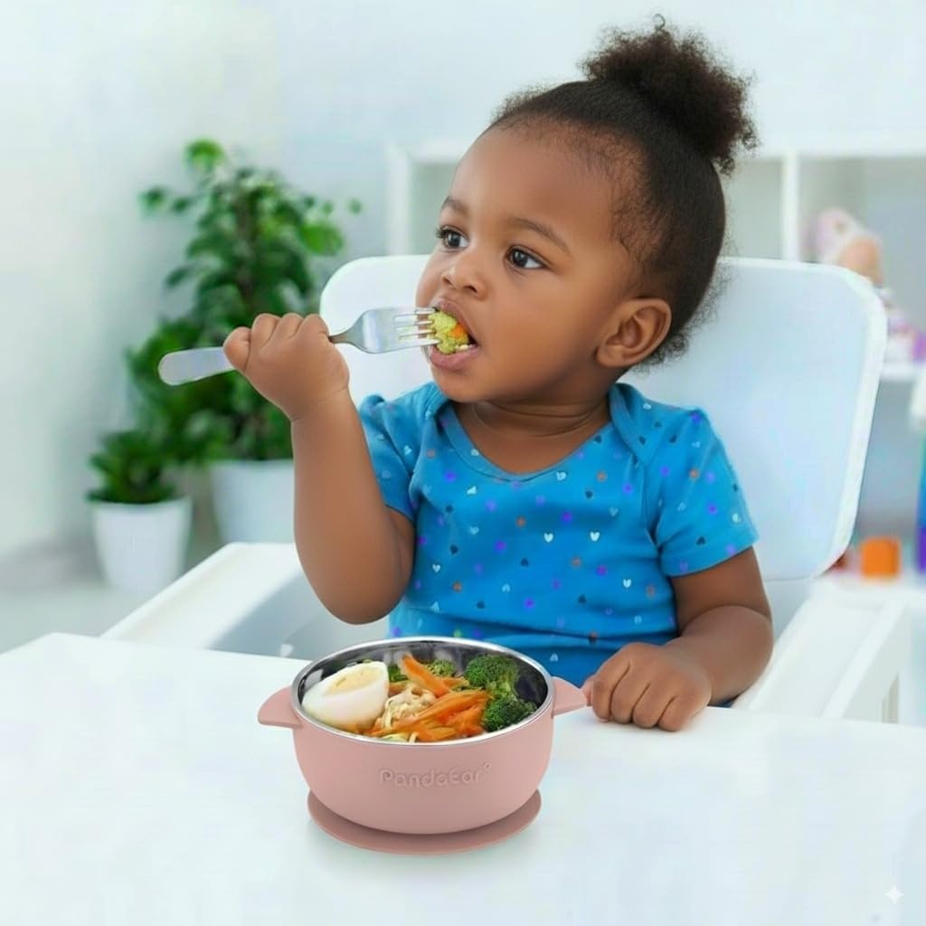 image:imagePandaEar 3 Pack Stainless Steel Baby Suction Bowls NonSlip Child Food Bowl with Silicone Sleeve for Kids Toddlers Infants Unbreakable amp Mess Free PinkPink