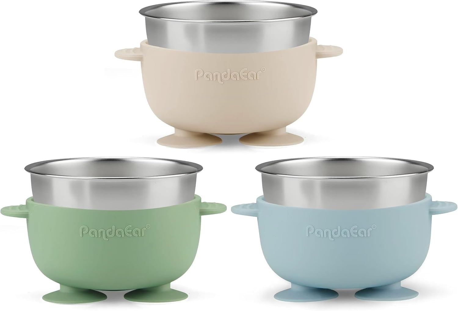 image:imagePandaEar 3 Pack Stainless Steel Baby Suction Bowls NonSlip Child Food Bowl with Silicone Sleeve for Kids Toddlers Infants Unbreakable amp Mess Free PinkBlue Green Beige