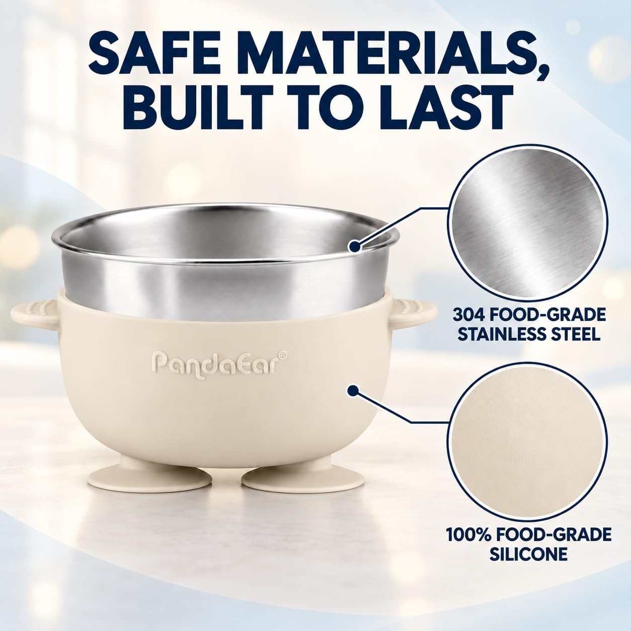 image:imagePandaEar 3 Pack Stainless Steel Baby Suction Bowls NonSlip Child Food Bowl with Silicone Sleeve for Kids Toddlers Infants Unbreakable amp Mess Free PinkBlue Green Beige