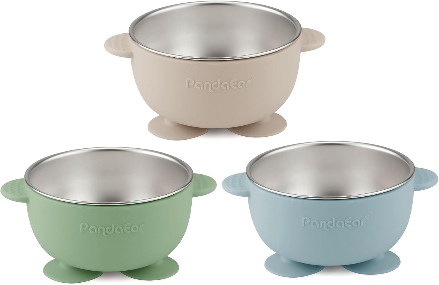 image:imagePandaEar 3 Pack Stainless Steel Baby Suction Bowls NonSlip Child Food Bowl with Silicone Sleeve for Kids Toddlers Infants Unbreakable amp Mess Free PinkBlue Green Beige