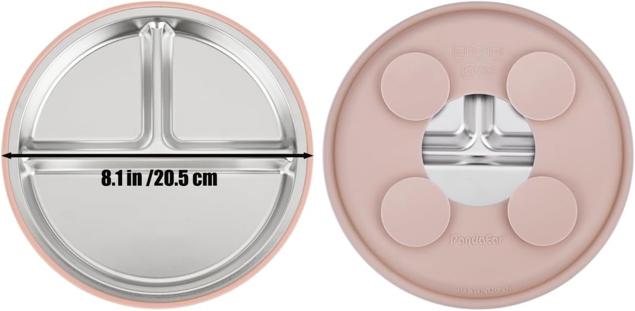 image:imagePandaEar 6in1 Stainless Steel Baby Feeding Set Divided Suction Plate Bowl Sippy Cup with Straw Bib Spoon amp Fork BPAFree Toddler Feeding Essentials for SelfFeeding PinkPink