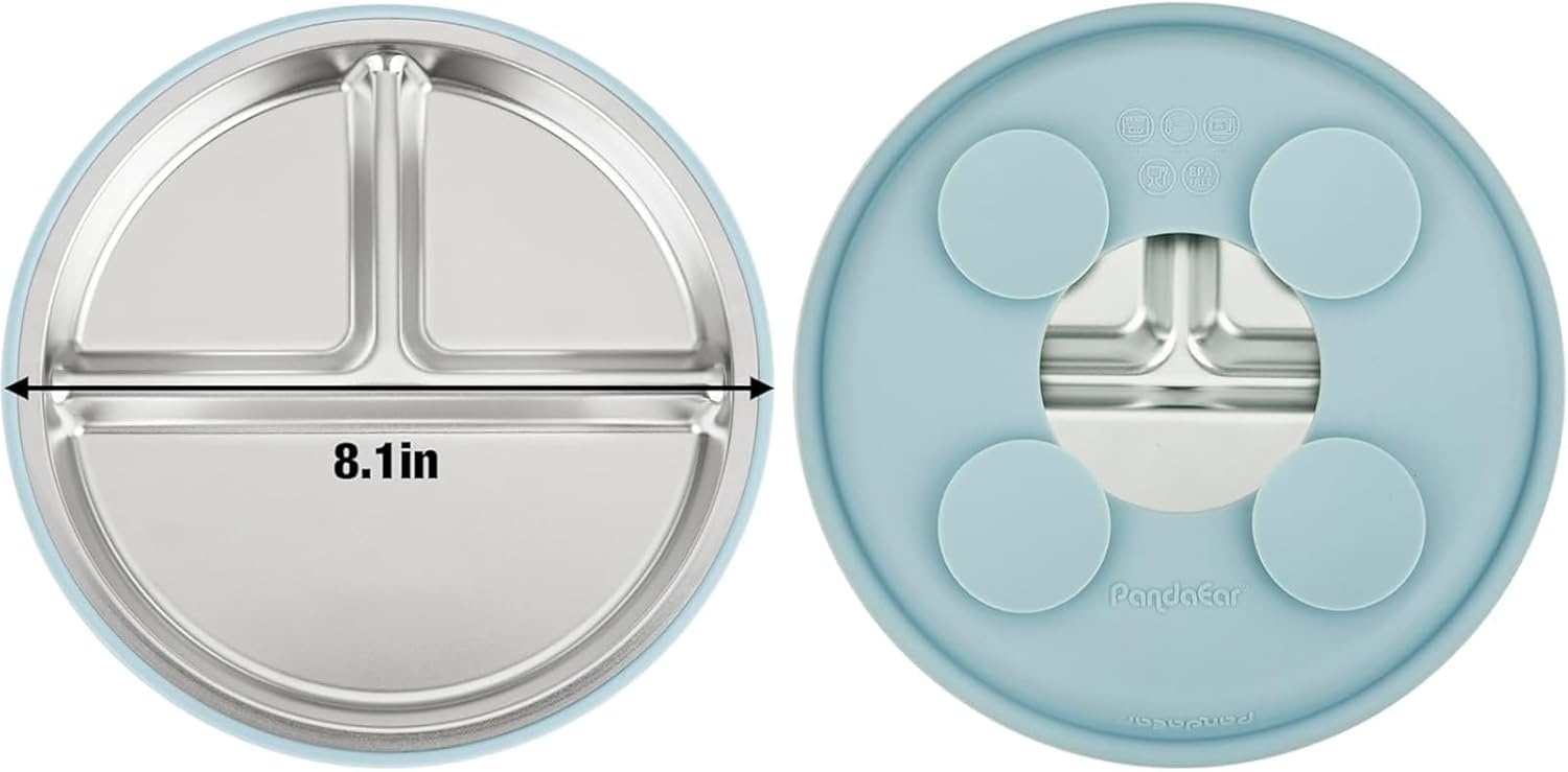 image:imagePandaEar 6in1 Stainless Steel Baby Feeding Set Divided Suction Plate Bowl Sippy Cup with Straw Bib Spoon amp Fork BPAFree Toddler Feeding Essentials for SelfFeeding PinkBlue