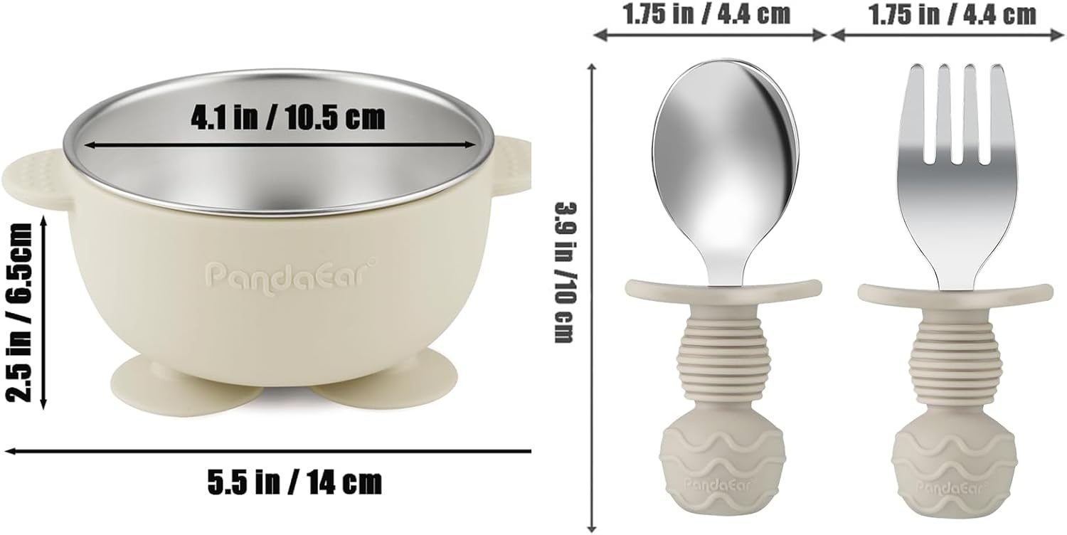image:imagePandaEar 8PCS Baby Feeding Set Stainless Steel Suction Plates and Bowls with Silicone Fork and Spoon Utensils Baby Led Weaning Tableware for Toddlers amp Kids Tan amp WalnutTan Walnut