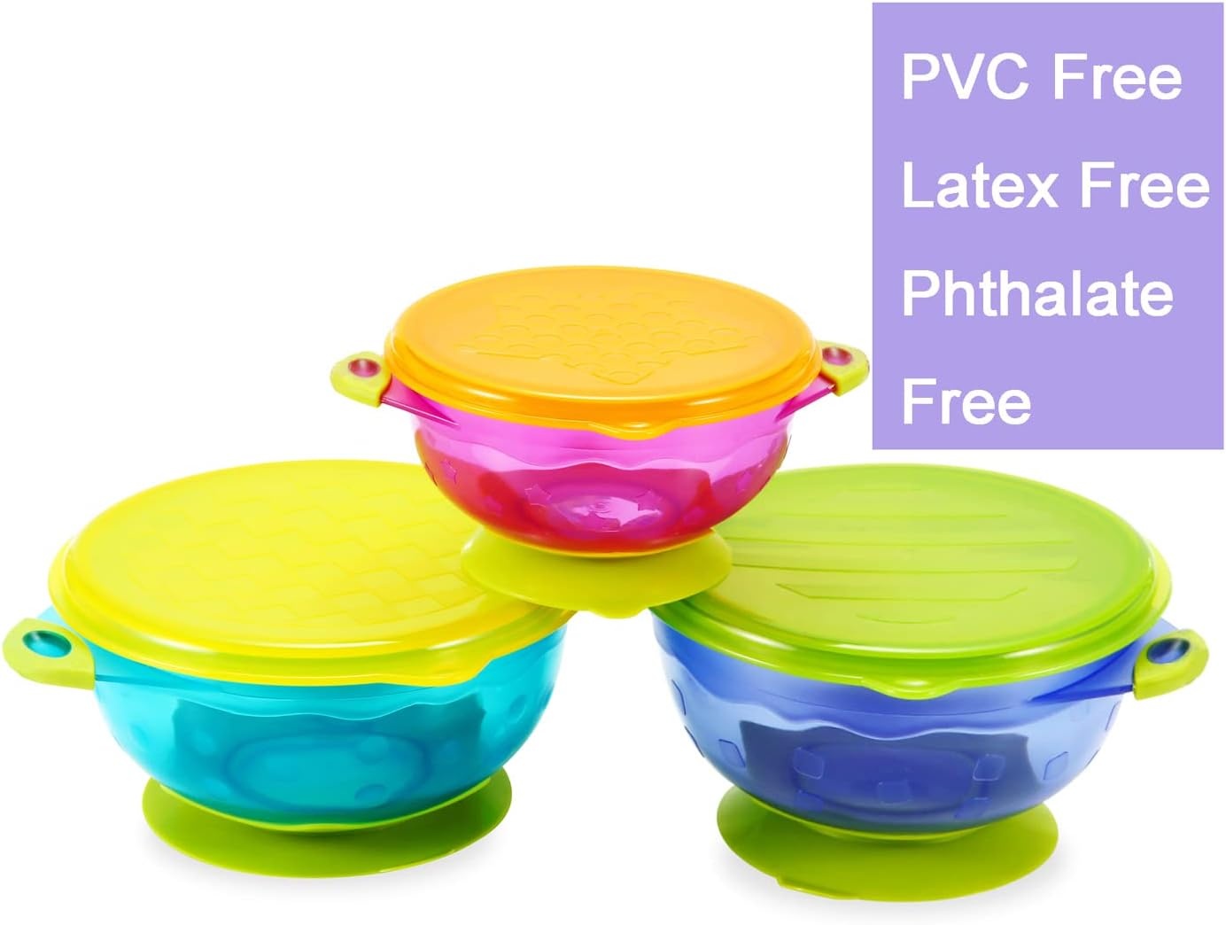 image:imagePandaEar Stay Put Spill Proof Stackable Baby Suction Bowls 3 Sizes for Toddlers with Secure Lids BPA Free