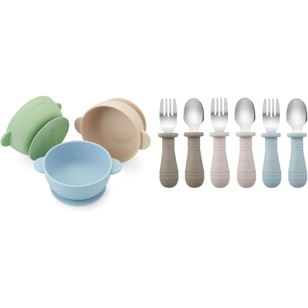image:imagePandaEar 3 Pack Baby Bowls amp Toddler Utensils Light TanWalnutBlue