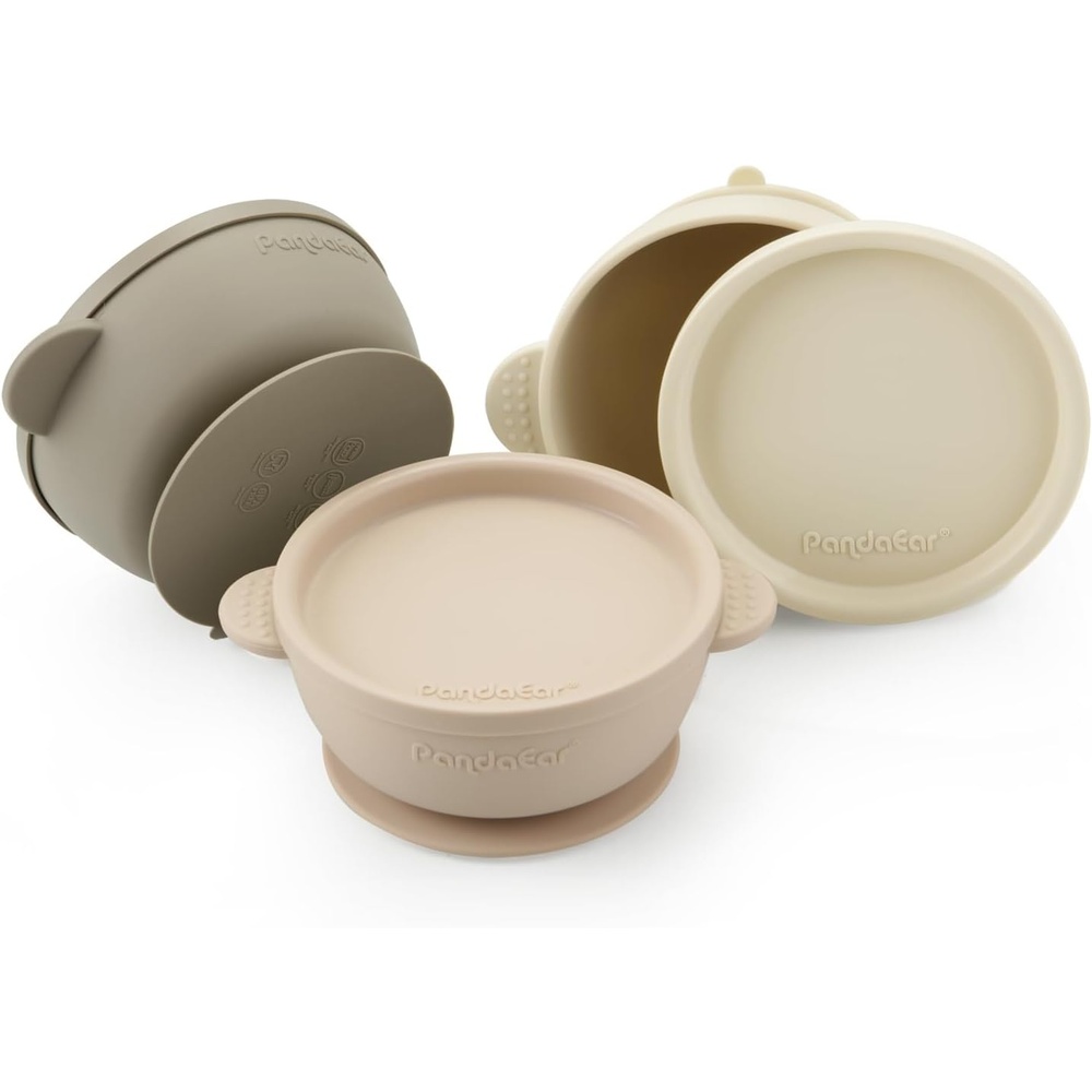 image:imagePandaEar 3 Pack Baby Bowls with Suction LeakProof Stay Put Silicone Food Bowl with Lids for Babies Kids Toddlers Infants Food Grade Soft Safe BPAFree Silicone Pink Rose LinenLinen Brown Tan