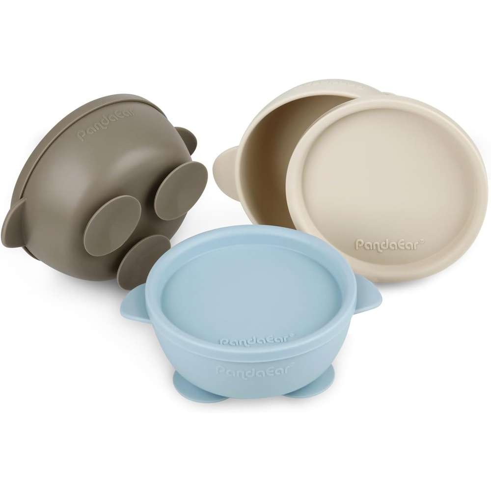 image:imagePandaEar 3 Pack Baby Suction Bowls with Lids LeakProof Stay Put Silicone Food Bowl for Babies Kids Toddlers Infants Food Grade Soft Safe BPAFree Silicone Blue Brown Tan