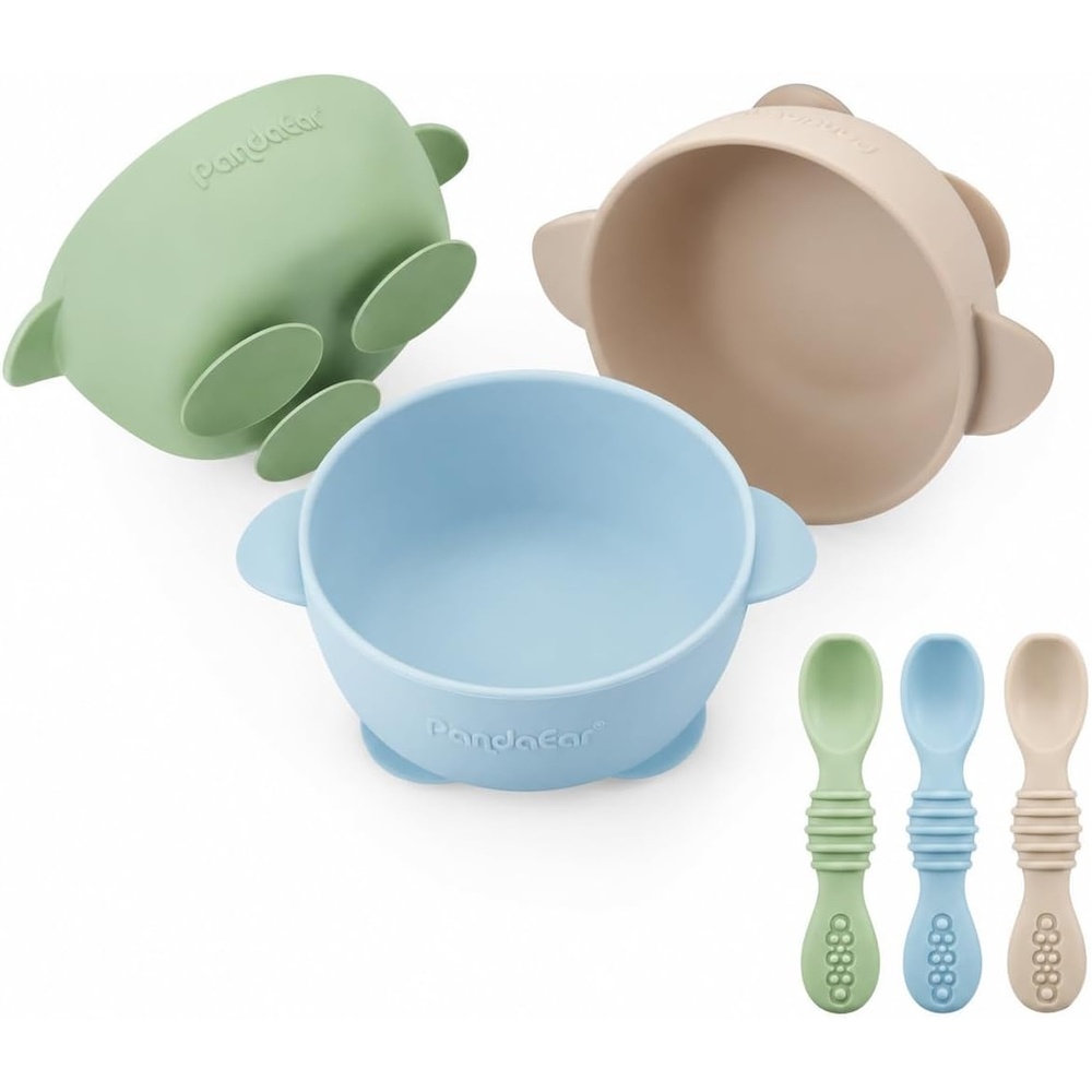 image:imagePandaEar 3 Pack Silicone Suction Baby Bowls amp 3 Baby Feeding SpoonsBlue Green Brown