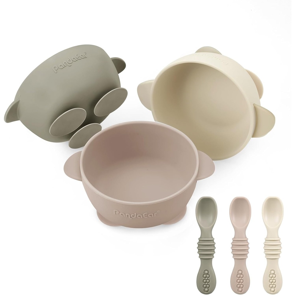 image:imagePandaEar 3 Pack Silicone Suction Baby Bowls amp 3 Baby Feeding SpoonsLinen Brown Tan