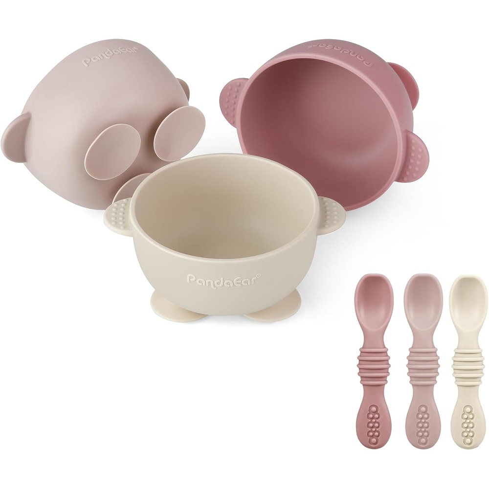image:imagePandaEar 3 Pack Silicone Suction Baby Bowls amp 3 Baby Feeding SpoonsPink Rose Linen