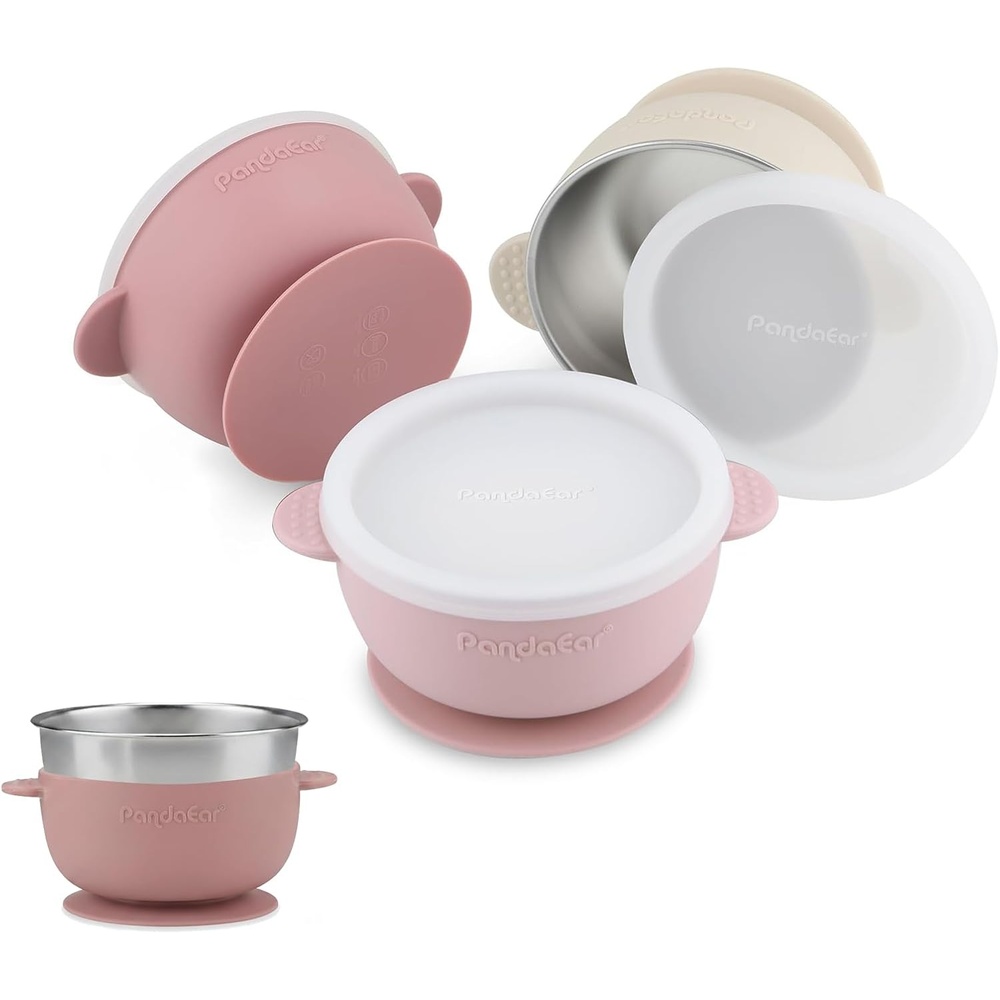 image:imagePandaEar 3 Pack Stainless Steel Baby Suction Bowls NonSlip Child Food Bowl with Silicone Sleeve for Kids Toddlers Infants Unbreakable amp Mess Free PinkPink