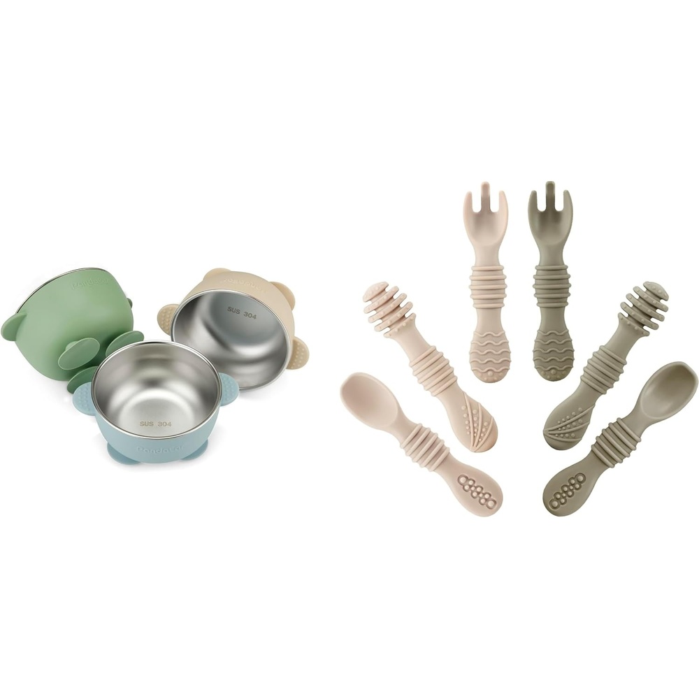 image:imagePandaEar 3 Pack Stainless Steel Baby Suction Bowls amp Silicone Baby Spoons amp Fork Feeding Set