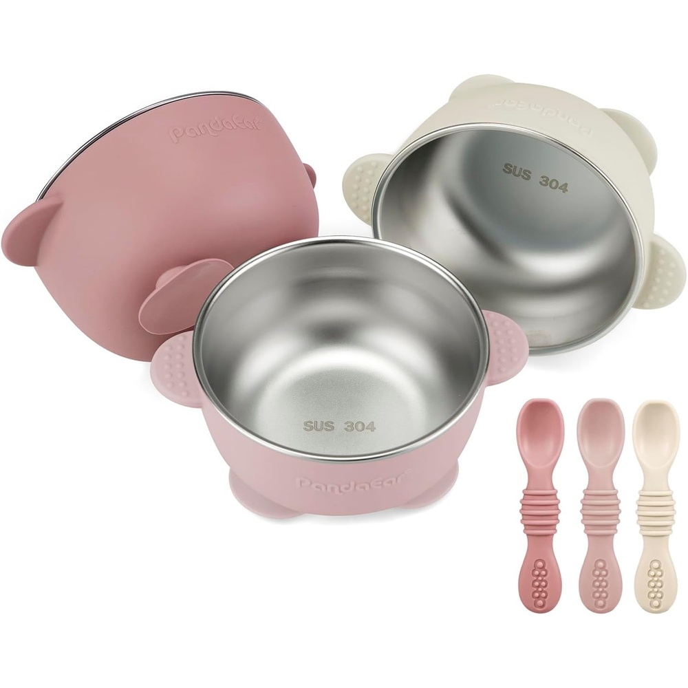 image:imagePandaEar 3 Pack Stainless Steel Suction Baby Bowls amp 3 Baby Feeding Spoons  NonSlip Stay Put Bowls amp Soft Silicone First Stage Spoons for Toddlers BPAFree Baby Led Weaning Set Pink WhitePink Rose Linen