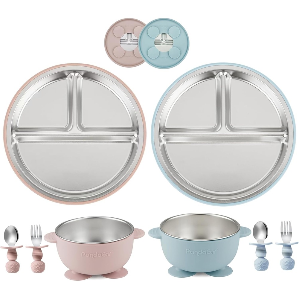image:imagePandaEar 8PCS Baby Feeding Set  Stainless Steel Suction Plates and Bowls with Silicone Fork and Spoon Utensils  Baby Led Weaning Tableware for Toddlers amp Kids Tan amp WalnutPink  Blue