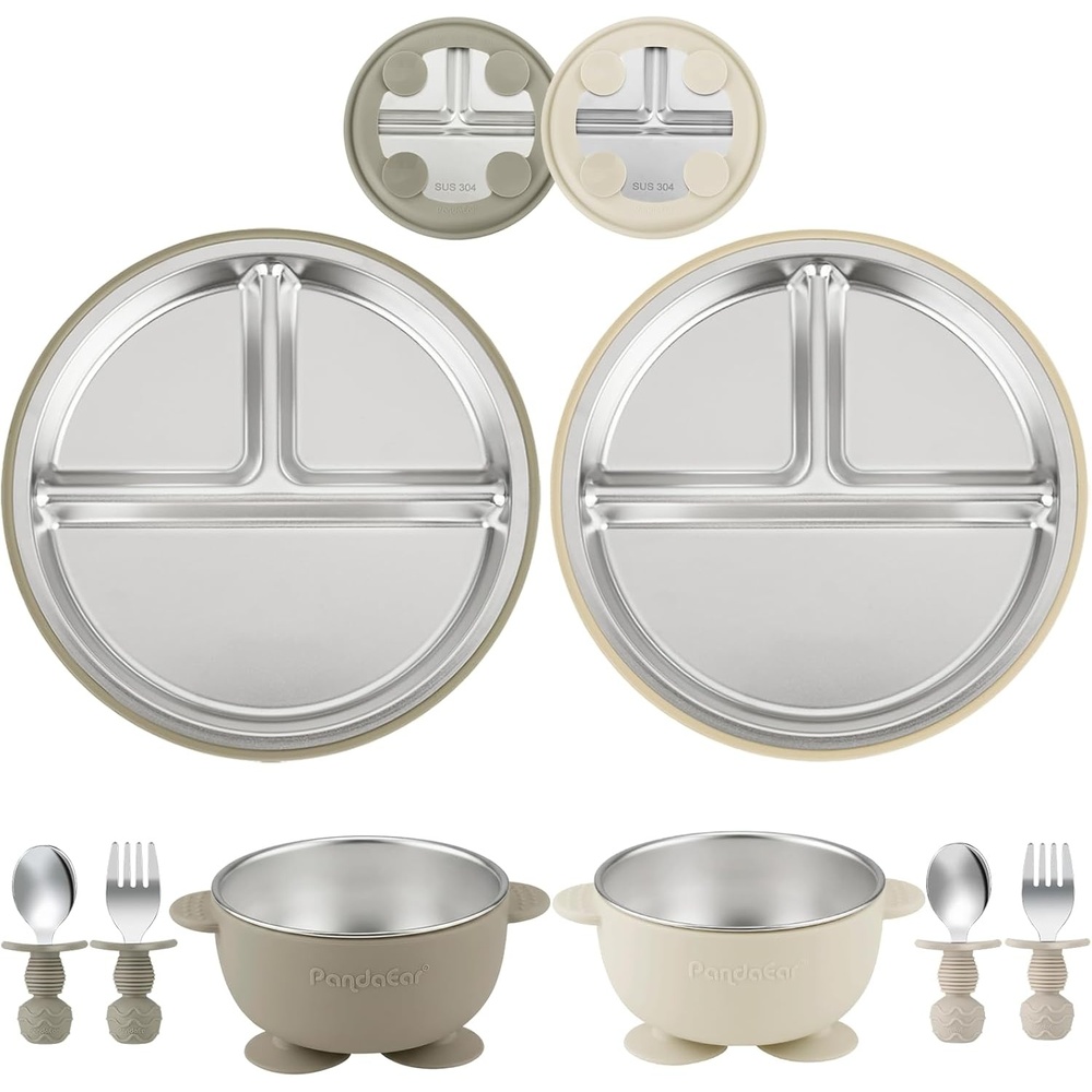 image:imagePandaEar 8PCS Baby Feeding Set  Stainless Steel Suction Plates and Bowls with Silicone Fork and Spoon Utensils  Baby Led Weaning Tableware for Toddlers amp Kids Tan amp WalnutTan  Walnut