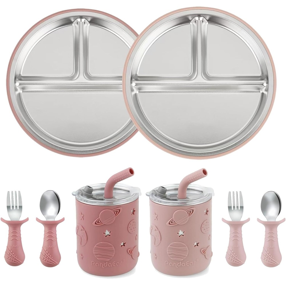 image:imagePandaEar Stainless Steel Baby Feeding Set  2 Divided Suction Plates 2 SpillProof Straw Cups with Silicone Sleeves 2 Forks amp 2 Spoons  Toddler Utensils for Baby Led Weaning BPAFree PinkPink