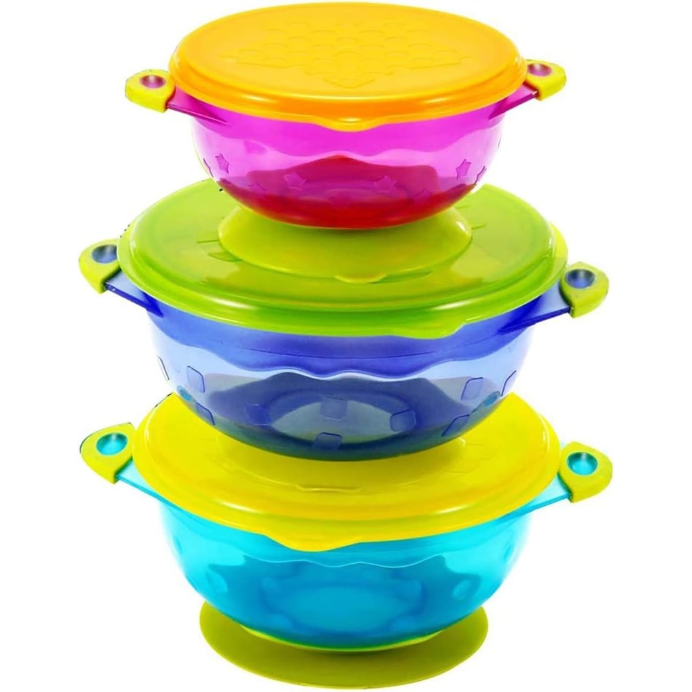 image:imagePandaEar Stay Put Spill Proof Stackable Baby Suction Bowls 3 Sizes for Toddlers with Secure Lids BPA Free