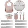 PandaEar 6-in-1 Stainless Steel Baby Feeding Set | Divided Suction Plate, Bowl, Sippy Cup with Straw, Bib, Spoon & Fork | BPA-Free Toddler Feeding Essentials for Self-Feeding (Pink)(Pink)