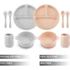 PandaEar Silicone Baby Feeding Set| 2 Divided Suction Plate + 2 Suction Bowl + 2 Tiny Cup with 2 Spoons| Baby Led Weaning Supplies Self Feeding Utensils (Blue White)(Pink Gray)