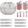 PandaEar Stainless Steel Baby Feeding Set | 2 Divided Suction Plates, 2 Spill-Proof Straw Cups with Silicone Sleeves, 2 Forks & 2 Spoons | Toddler Utensils for Baby Led Weaning, BPA-Free (Pink)(Pink)