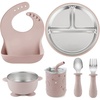 PandaEar 6-in-1 Stainless Steel Baby Feeding Set | Divided Suction Plate, Bowl, Sippy Cup with Straw, Bib, Spoon & Fork | BPA-Free Toddler Feeding Essentials for Self-Feeding (Pink)(Pink)