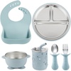 PandaEar 6-in-1 Stainless Steel Baby Feeding Set | Divided Suction Plate, Bowl, Sippy Cup with Straw, Bib, Spoon & Fork | BPA-Free Toddler Feeding Essentials for Self-Feeding (Pink)(Blue)