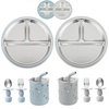 PandaEar Stainless Steel Baby Feeding Set | 2 Divided Suction Plates, 2 Spill-Proof Straw Cups with Silicone Sleeves, 2 Forks & 2 Spoons | Toddler Utensils for Baby Led Weaning, BPA-Free (Pink)(Blue & Grey)
