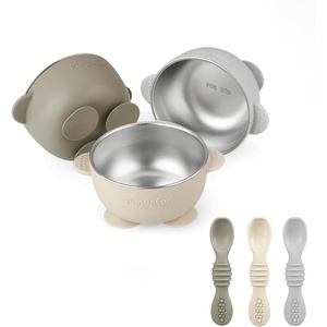PandaEar 3 Pack Stainless Steel Suction Baby Bowls & 3 Baby Feeding Spoons | Non-Slip Stay Put Bowls & Soft Silicone First Stage Spoons for Toddlers, BPA-Free Baby Led Weaning Set (Pink White)(Linen Brown Grey)