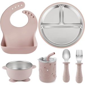 PandaEar 6-in-1 Stainless Steel Baby Feeding Set | Divided Suction Plate, Bowl, Sippy Cup with Straw, Bib, Spoon & Fork | BPA-Free Toddler Feeding Essentials for Self-Feeding (Pink)(Pink)