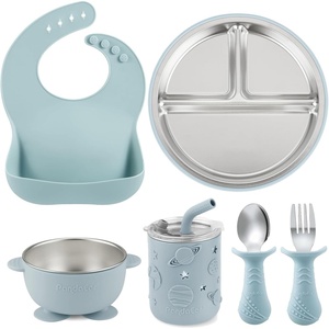 PandaEar 6-in-1 Stainless Steel Baby Feeding Set | Divided Suction Plate, Bowl, Sippy Cup with Straw, Bib, Spoon & Fork | BPA-Free Toddler Feeding Essentials for Self-Feeding (Pink)(Blue)