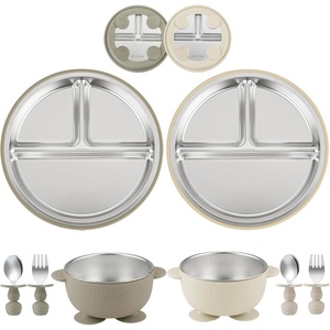 PandaEar 8PCS Baby Feeding Set | Stainless Steel Suction Plates and Bowls with Silicone Fork and Spoon Utensils | Baby Led Weaning Tableware for Toddlers & Kids (Tan & Walnut)(Tan & Walnut)
