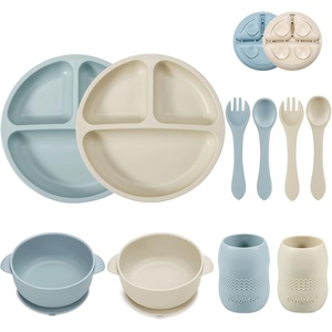 PandaEar Silicone Baby Feeding Set| 2 Divided Suction Plate + 2 Suction Bowl + 2 Tiny Cup with 2 Spoons| Baby Led Weaning Supplies Self Feeding Utensils (Blue White)(Blue White)
