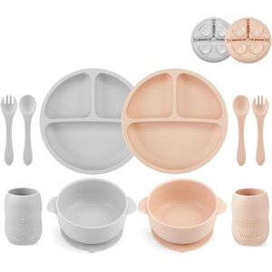 PandaEar Silicone Baby Feeding Set| 2 Divided Suction Plate + 2 Suction Bowl + 2 Tiny Cup with 2 Spoons| Baby Led Weaning Supplies Self Feeding Utensils (Blue White)(Pink Gray)