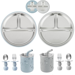 PandaEar Stainless Steel Baby Feeding Set | 2 Divided Suction Plates, 2 Spill-Proof Straw Cups with Silicone Sleeves, 2 Forks & 2 Spoons | Toddler Utensils for Baby Led Weaning, BPA-Free (Pink)(Blue & Grey)