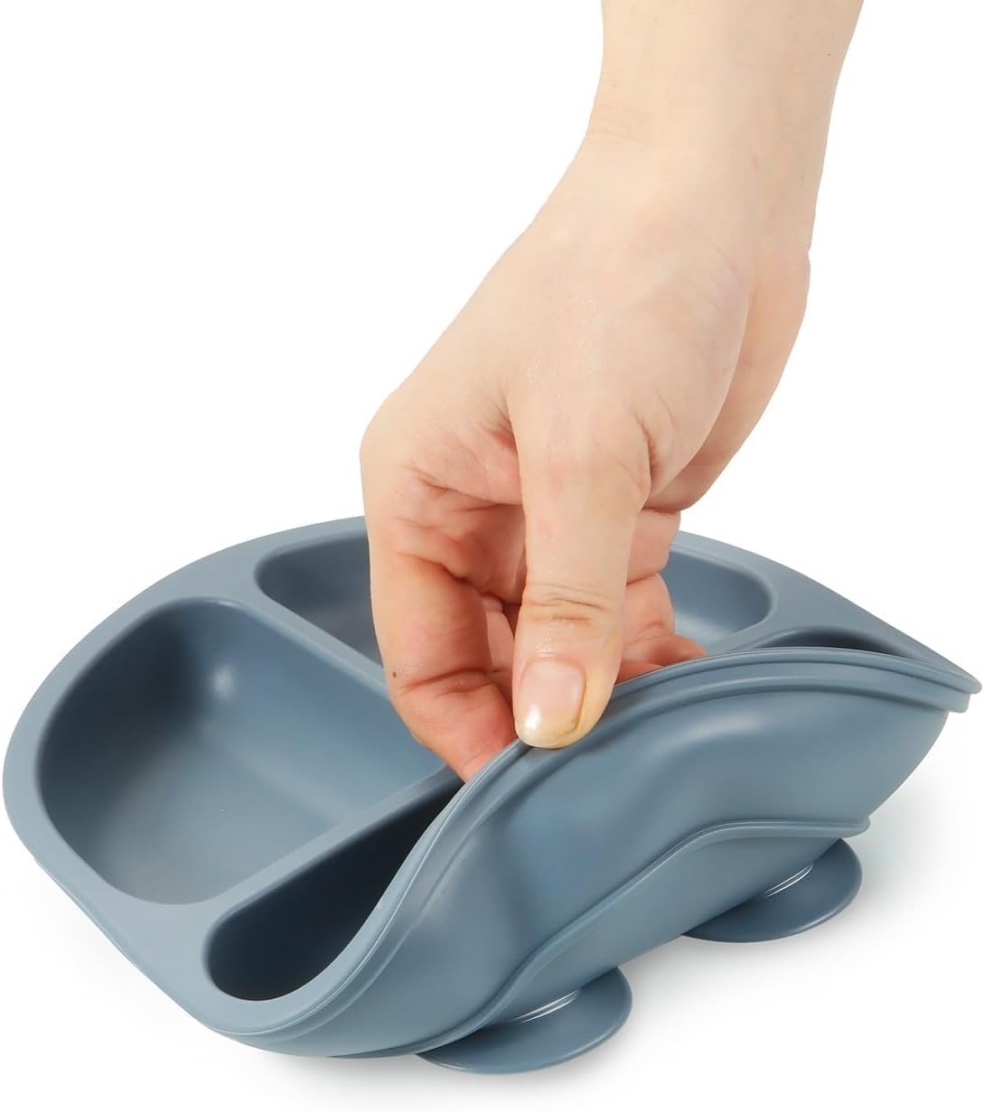 image:imagePandaEar Baby Feeding Set 3 Pack Toddler Plates with 3 Spoons 100 Silicone Divided Suction Plate for Babies BPAFree Dishwasher and Microwave Safe BlueRedBrownBlueRed Brown