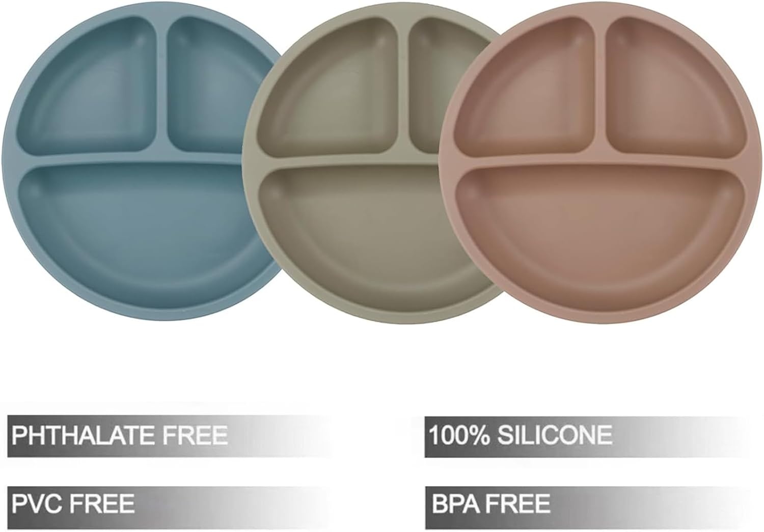 image:imagePandaEar Baby Feeding Set 3 Pack Toddler Plates with 3 Spoons 100 Silicone Divided Suction Plate for Babies BPAFree Dishwasher and Microwave Safe BlueRedBrownBlueRed Brown