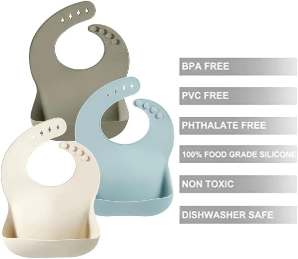 image:imagePandaEar Set of 3 Silicone Baby Bibs Waterproof Soft Unisex 1072 MonthsBlueSageBeige
