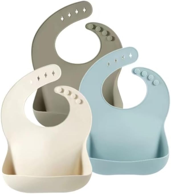 image:imagePandaEar Set of 3 Silicone Baby Bibs Waterproof Soft Unisex 1072 MonthsBlueSageBeige