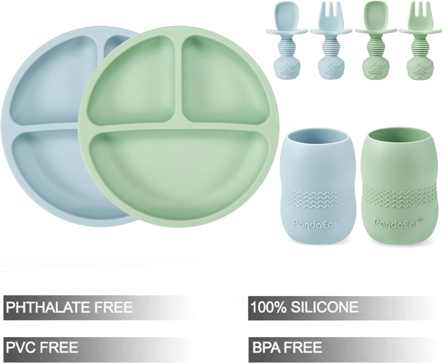 image:imagePandaEar Silicone Baby Feeding Set 2 Pack Divided Suction Plate 2 Tiny Cup with Spoons BPA Free Light TanPinkBlueGreen