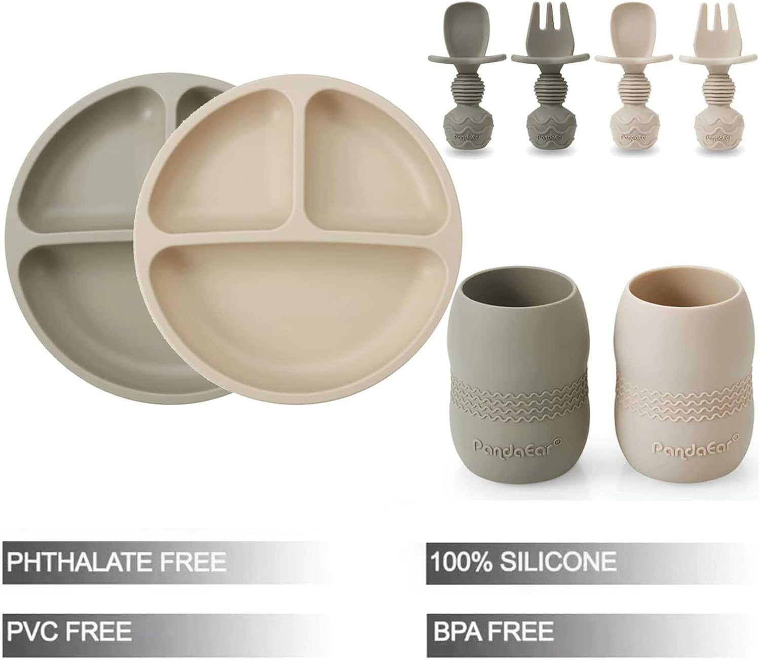 image:imagePandaEar Silicone Baby Feeding Set 2 Pack Divided Suction Plate 2 Tiny Cup with Spoons BPA Free Light TanPinkLight TanWalnut