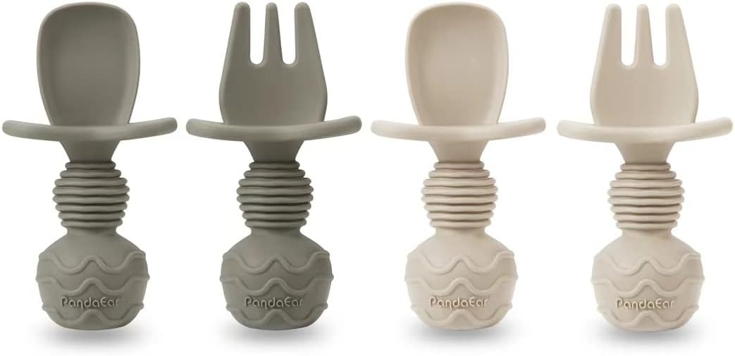 image:imagePandaEar Silicone Baby Feeding Set 2 Pack Divided Suction Plate 2 Tiny Cup with Spoons BPA Free Light TanPinkLight TanWalnut
