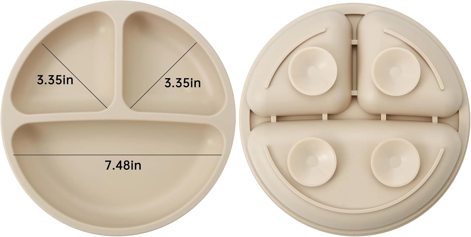 image:imagePandaEar Silicone Baby Feeding Set 2 Pack Divided Suction Plate 2 Tiny Cup with Spoons BPA Free Light TanPinkLight TanWalnut