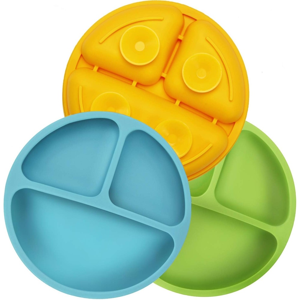 image:imagePandaEar 3 Pack Toddler Plates Silicone Divided Suction Plate for Babies BPAFree 100 FoodGrade Silicone Unbreakable Baby Plate PinkLinenLight PinkBlueGreenYellow