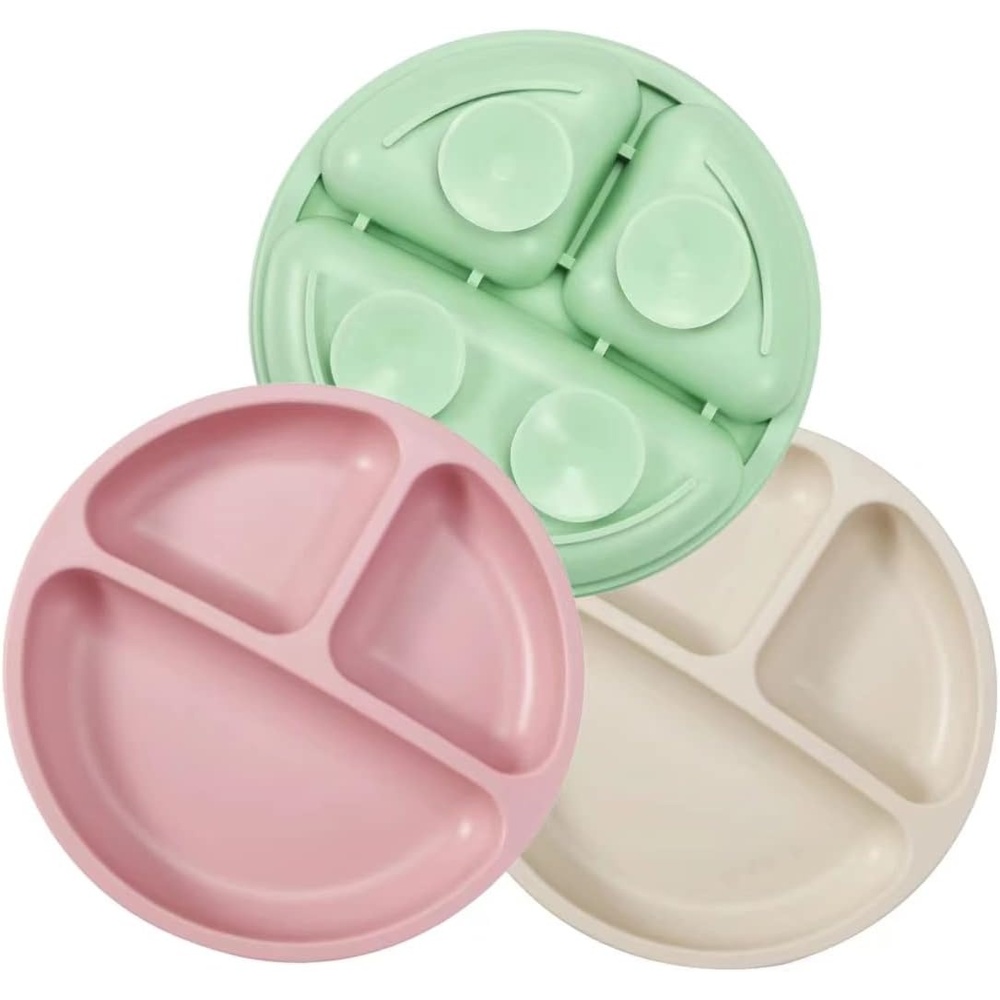 image:imagePandaEar 3 Pack Toddler Plates Silicone Divided Suction Plate for Babies BPAFree 100 FoodGrade Silicone Unbreakable Baby Plate PinkLinenLight PinkPinkGreenCream