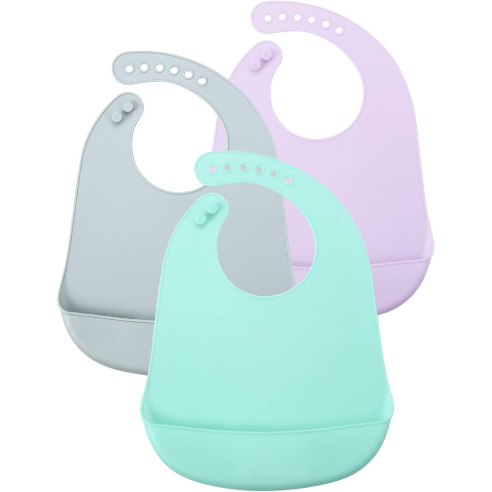 image:imagePandaEar 3 Pack Waterproof Silicone Baby Bibs Super Thin Light Weight Feeding Bib with Food Catcher Pocket for ToddlerGrey