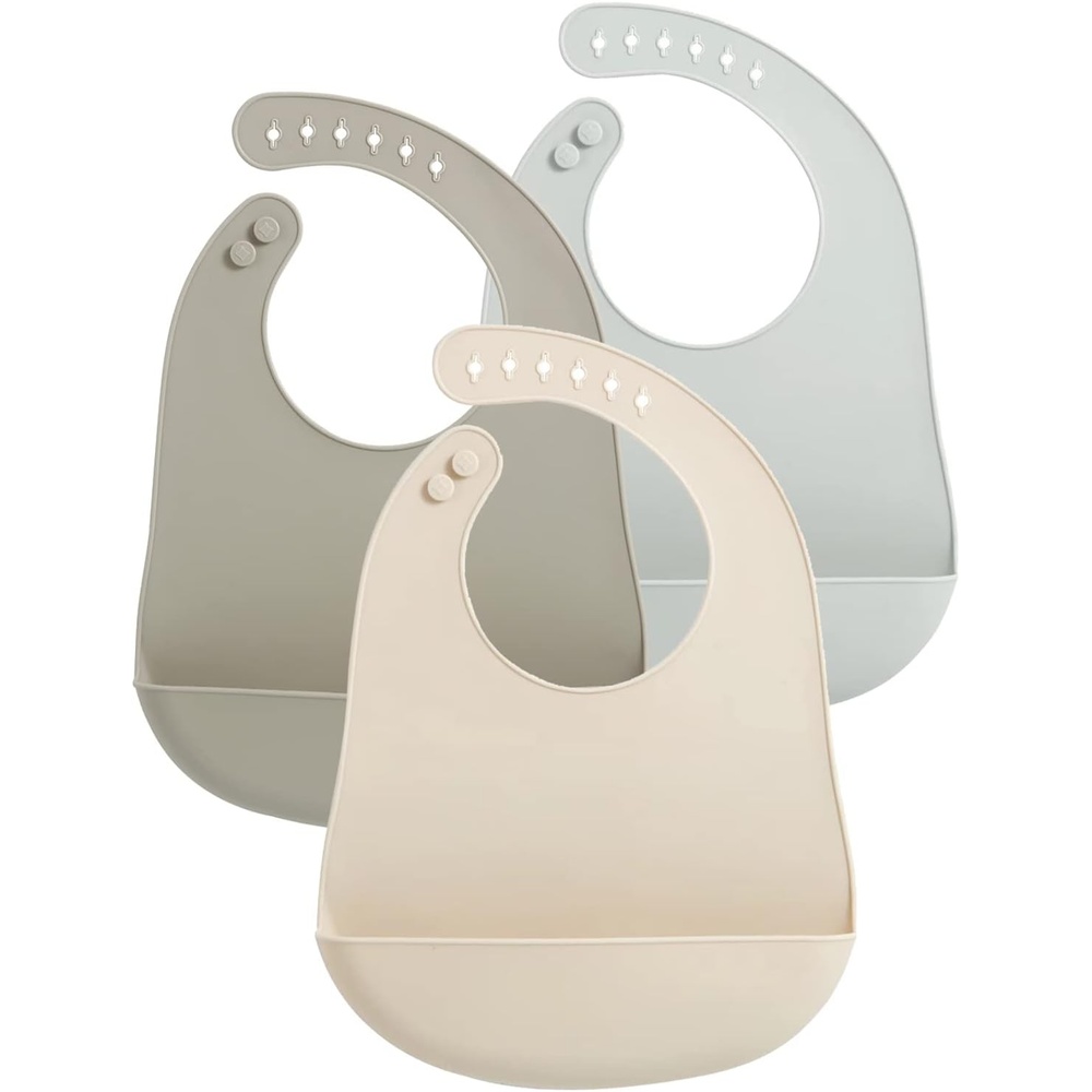 image:imagePandaEar 3 Pack Waterproof Silicone Baby Bibs Super Thin Light Weight Feeding Bib with Food Catcher Pocket for ToddlerWalnutlinenbrown