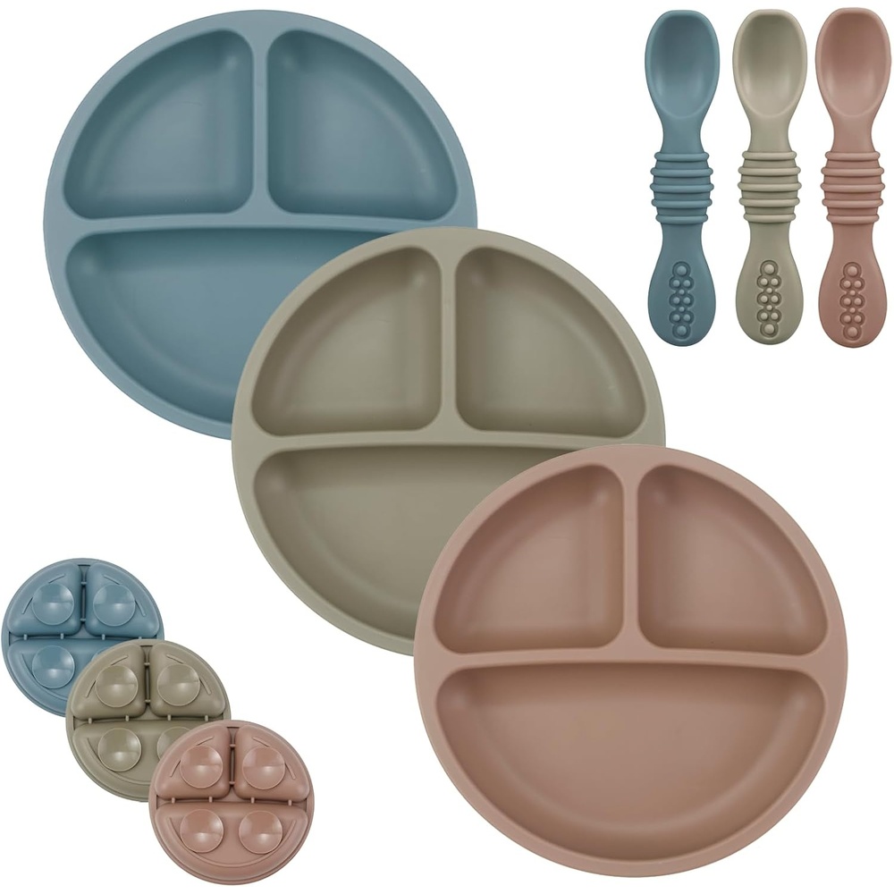 image:imagePandaEar Baby Feeding Set 3 Pack Toddler Plates with 3 Spoons 100 Silicone Divided Suction Plate for Babies BPAFree Dishwasher and Microwave Safe BlueRedBrownBlueRed Brown