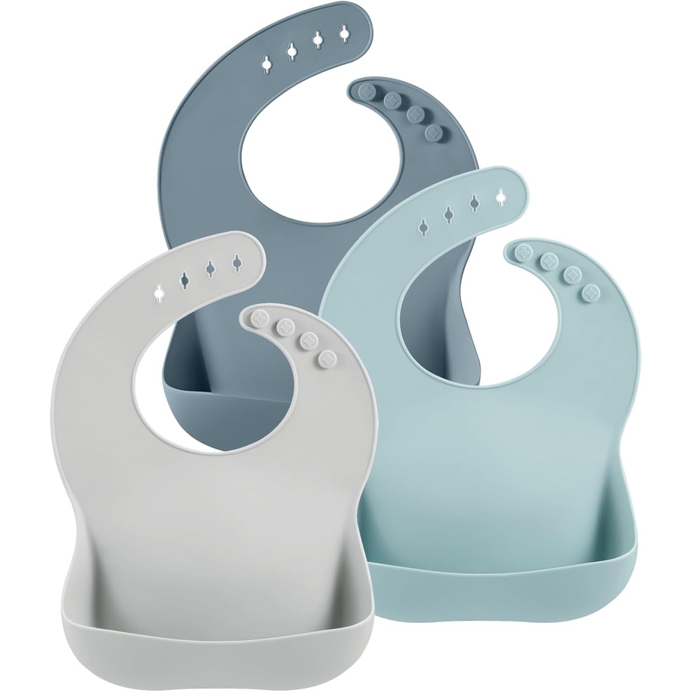 image:imagePandaEar Set of 3 Silicone Baby Bibs Waterproof Soft Unisex 1072 MonthsBlue Gray